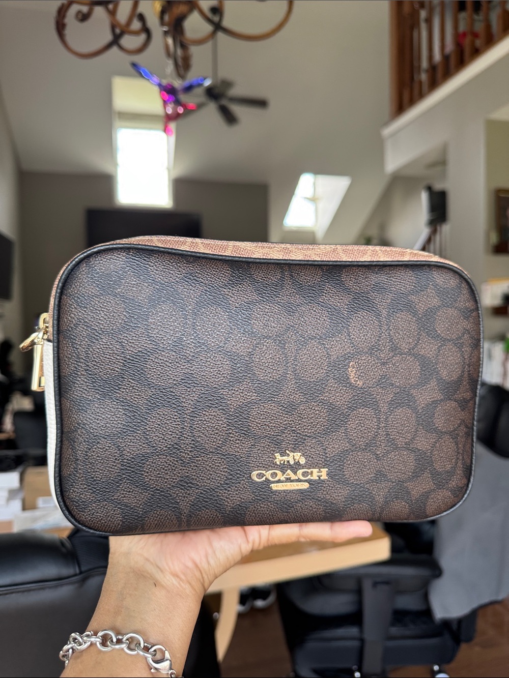 Coach Men’s Brown Signature Canvas Toiletry Pouch with Gold Logo